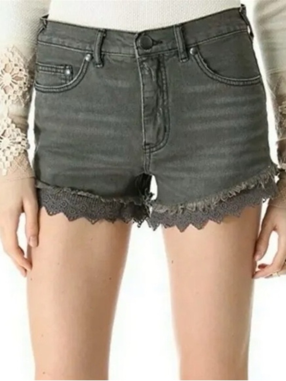 Free People Gray Lace Trim Denim Shorts - 24